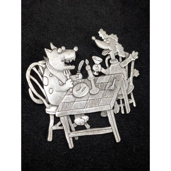 Vintage JJ Jonette Dog Dinner Date Pup Poodle Silver Tone Couple Candelight - Picture 3 of 8